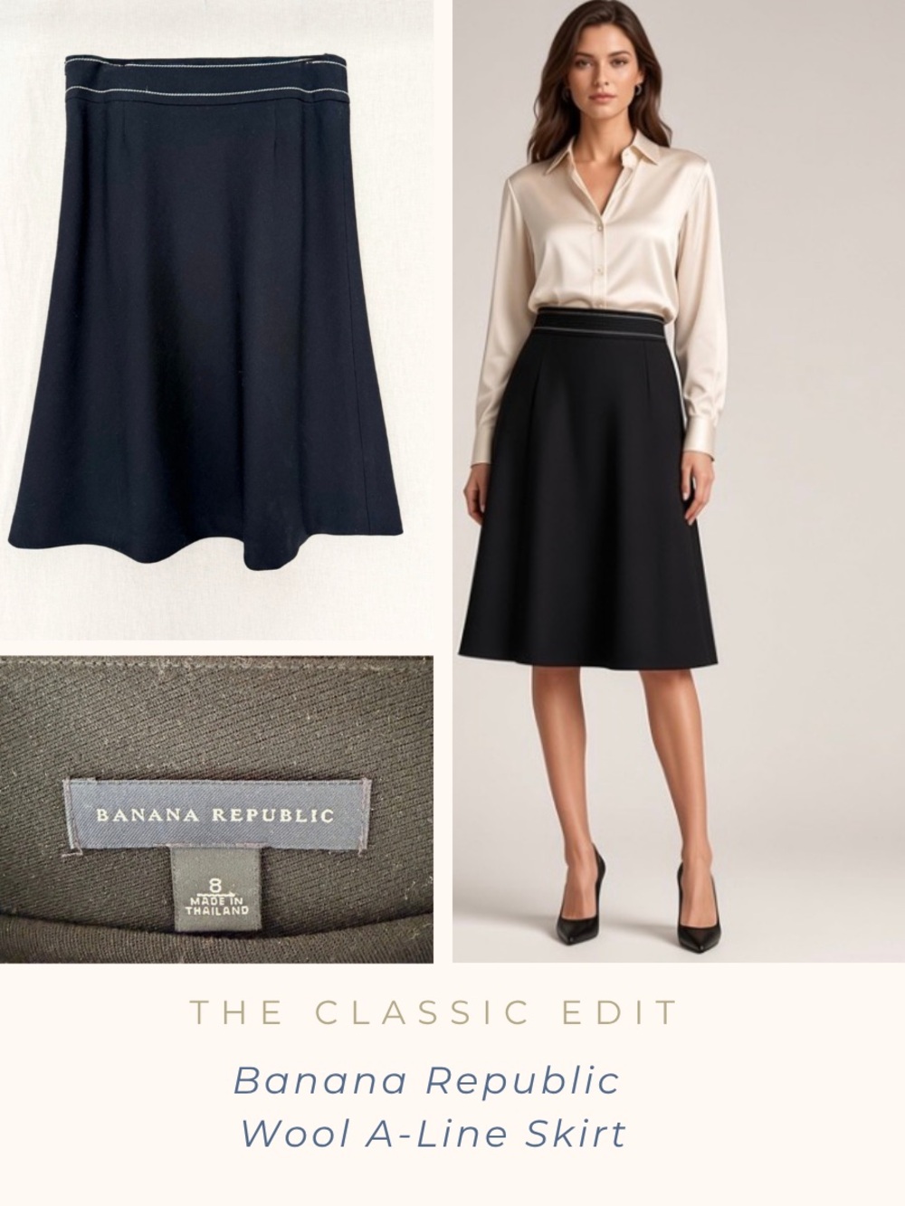 Banana Republic Wool A-Line Skirt | Contrast Topstitched Waist | Size 8